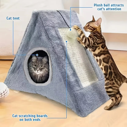 Pet bed suitable for cats under 15 pounds with plush toy ball