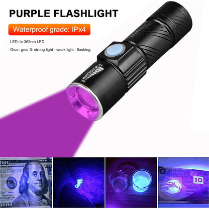 Mini UV Flashlight 365nm Fluorescent USB Charging Ultraviolet Blacklight 600mAh for Dog Cat Urine Pet Stains