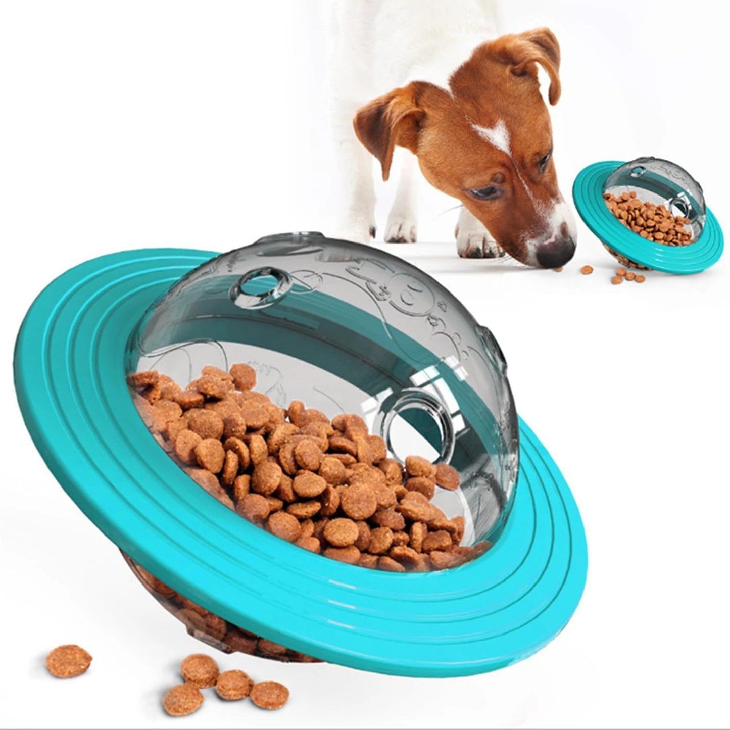 Exciting Blue UFO Flying Saucer Ball Pet Food Dispenser